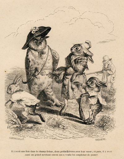 Two Little Hares with Their Big Sister Stopped by an Owl in a Field. A Fox Hunting Behind Them. Illustrated Vignettes by JJ Granville. Engraving signed Breviere in the section 