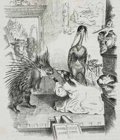 Dog and Porcupine, Caricature by Jean-Jacques Grandville by Grandville