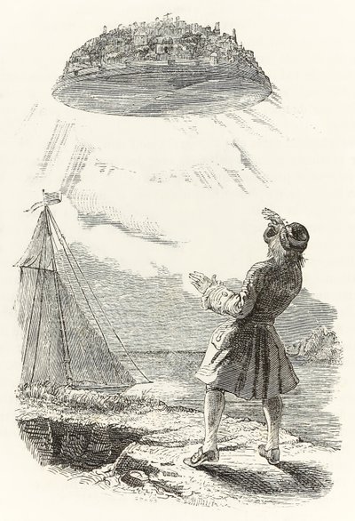 Gulliver sees the flying island Laputa for the first time, from 