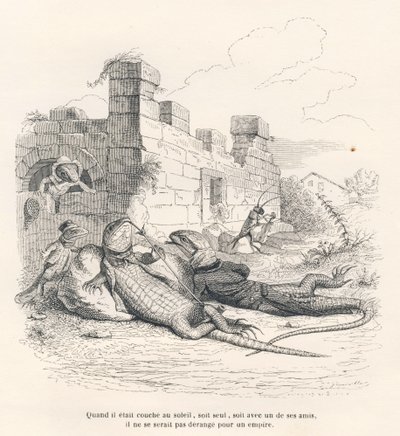 Lizard smoking in the sun with one of his friends. Illustrated vignettes by JJ Granville. Engraving signed Andrew, Best and Leloir in the section titled "Memories of an Old Crow" written by PJ Stahl in "Scenes from the Private and Public Life of Animals".  by Grandville