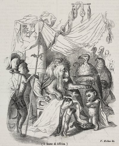 Lion of Africa, character of story of African Lion and three native young lions by Grandville