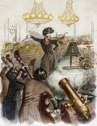 A concert has a machine gun. Cartoon by Hector Berlioz conducting an orchestra. In 