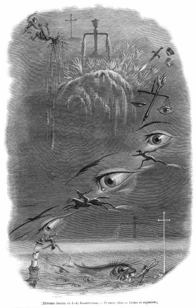 A scene dreamed of by cartoonist Grandville during a nightmare that just preceded his death. Georges Bataille wrote about this engraving: the criminal dreams that he has just hit a man in a dark wood.. Human blood was spread and, following an expression th by Grandville (1803 47)