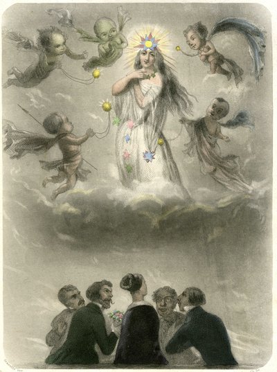 Allegory of a young woman surrounded by 4 suitors, who compares herself to a planet around which four satellites gravitate, one of which will become her sun. Grandville engraving illustrating a chapter in Mery