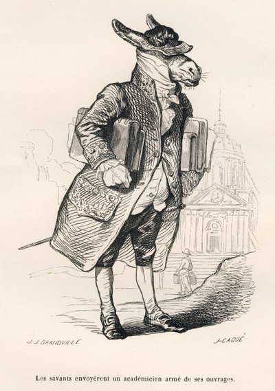 Academic Donkey Loaded with Works. Illustrated Vignettes by JJ Granville. Engraving signed Caque in the section 