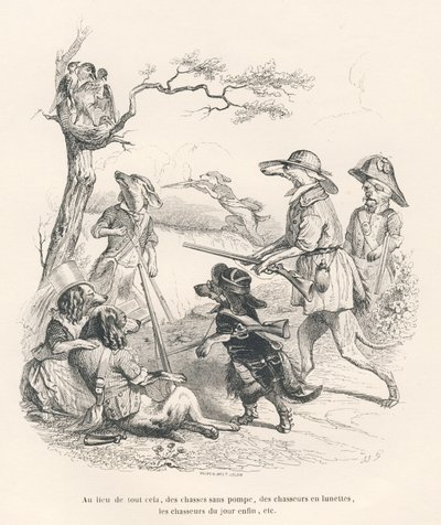Animals as hunters. Illustrated vignettes by JJ Granville. Engraving signed Andrew, Best and Leloir in the section titled "Memories of an Old Crow" written by PJ Stahl in "Scenes from the Private and Public Life of Animals". Paris, J. Hetzel and Paulin by Grandville