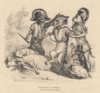 Arrest of a Wolf Coming from Killing Two Sheep. Illustrated vignettes by JJ Granville. Engraving signed Andrew, Best and Leloir in the section titled 