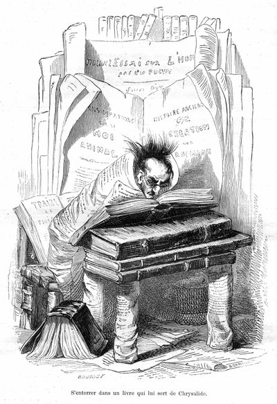 Cartoon: Chrysalid of a scholar buried in the books of a bibliotheque - Grandville engraving, extracted from the book 
