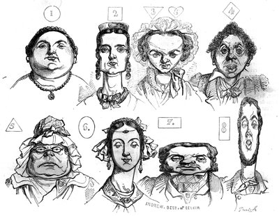 Cartoons illustrating the different forms of face, expressions, associating them with distinct moral characteristics by Jean Ignace Isidore Gerard Grandville. In The picturesque store 1835 by Grandville