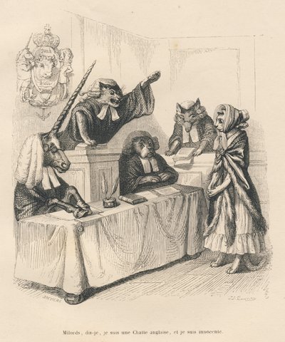 Cat Defending Herself in a Court Composed of a Unicorn, a Cat, a Dog, and a Wolf. Illustrated Vignettes by JJ Granville. Engraving Signed Breviere in the Section 