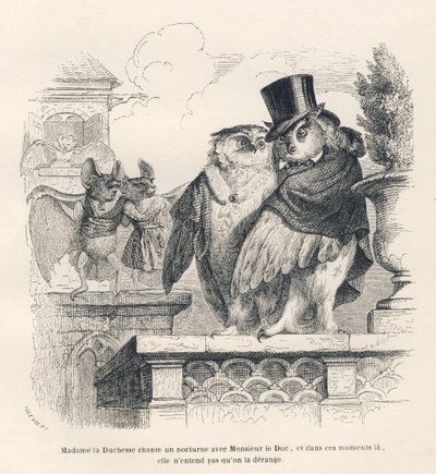 Bat Listening to an Owl and a Hawk Singing. Illustrated Vignettes by JJ Granville. Engraving Signed Breviere in the Section Titled 