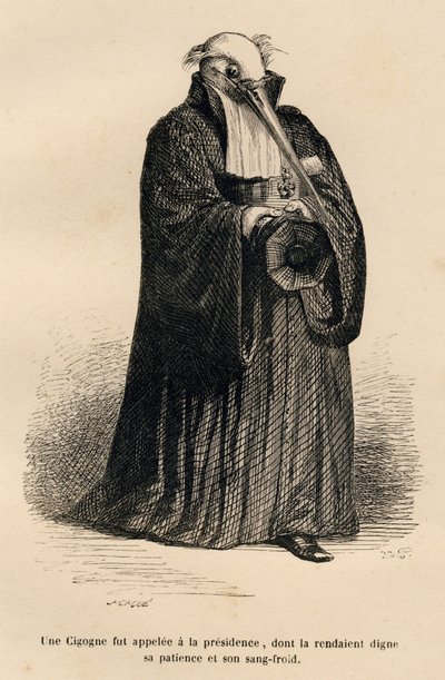 Stork as Judge. Illustrated vignettes by JJ Granville. Engraving signed Caque in the section titled 