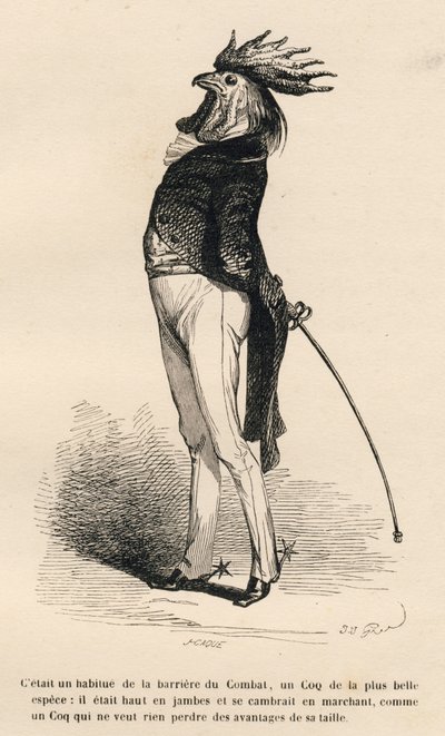 Rooster Used to the Combat Barrier Walking Proudly. Illustrated Vignettes by JJ Granville. Engraving Signed Caque in the Section 