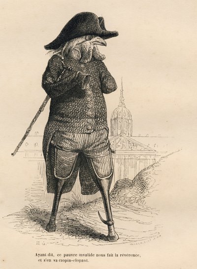 Invalid Rooster in Front of the Hotel des Invalides in Paris. Illustrated Vignettes by JJ Granville. Engraving Signed Andrew, Best and Leloir in the Section 