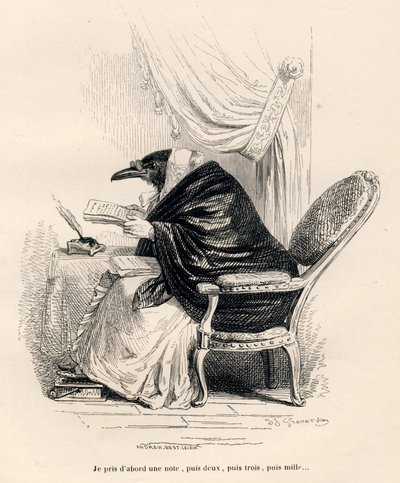 Crow Writing. Illustrated Vignettes by JJ Granville. Engraving Signed Andrew, Best and Leloir in the Section Titled 