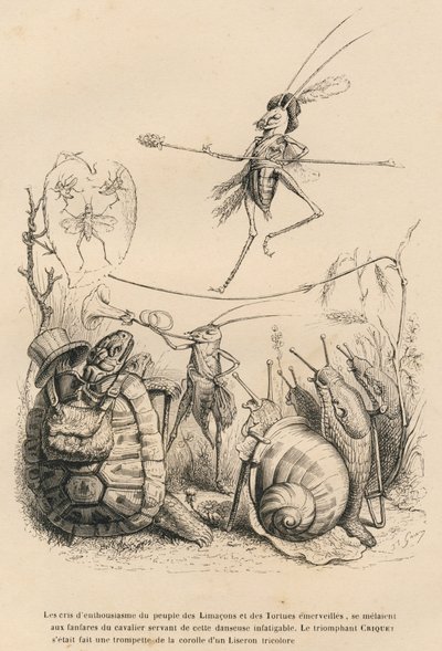 Cricket Playing the Trumpet in Front of a Turtle, a Snail, and Slugs. Above Him, Another Cricket Balances on a Wire. Illustrated Vignettes by JJ Granville. Engraving Signed Godard in the Section Titled 