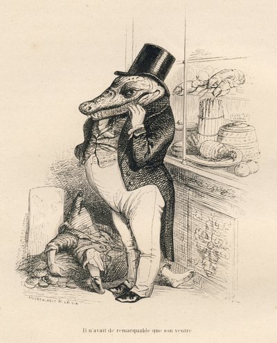 Crocodile Dressed as a Dandy with a Big Belly. Illustrated Vignettes by JJ Granville. Engraving signed Breviere in the section 