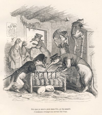 As Soon as I Set Foot on the Island, I Was Attacked by Strange Animals in the Service of the State. Illustrated Vignettes by JJ Granville. Engraving Signed Porret in the Section Titled 