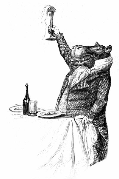 (Detail) Extracted from the Book Private and Public Life of Animals, Edition Hetzel 1867 - Hippopotamus Worldly at a Table Raising His Glass and Carrying a Toast by Grandville (1803 47)