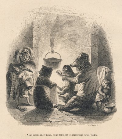 Two Visitors Annoying the Bear Family Sitting in Front of the Fireplace with a Pot Hanging from a Hook. Illustrated Vignettes by JJ Granville. Engraving signed Breviere in the section 