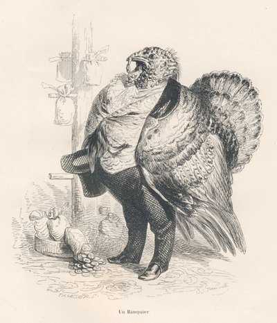 Turkey as a banker. Illustrated vignettes by JJ Granville. Engraving signed Tamisier in the section titled "Memories of an Old Crow" written by PJ Stahl in "Scenes from the Private and Public Life of Animals". Paris, J. Hetzel and Paulin by Grandville