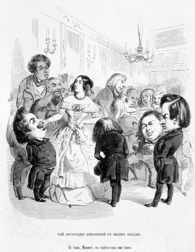 George Sand (Aurore Dupin, Baronne Dudevant) (1804-1876) surrounded by 4 writers: Eugene Sue, Honore de Balzac, Franz Litz and Victor Hugo in In search of a social position by Jerome Paturot by Grandville