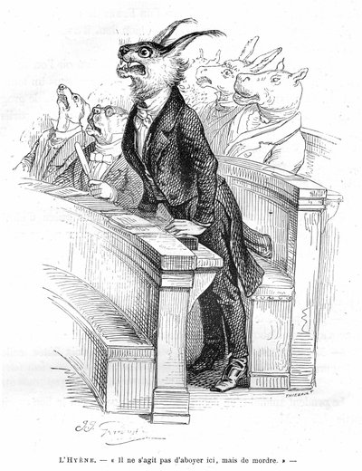 Grandville engraving, extracted from the book Private and Public Life of Animals (Les animaux ints par them memes), edition Hetzel 1867 - Caricature of a human political assembly - In the travees occupied by various animals (dogs, donkey, hippo...), a hyen by Grandville (1803 47)