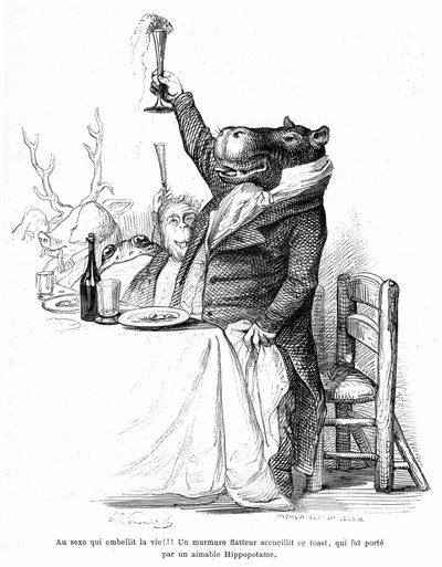 Grandville Engraving, from the Book Private and Public Life of Animals, Edition Hetzel 1867 - Hippopotamus Worldly at a Table at a Banquet, Raising His Glass and Carrying a Toast. Legend: Sex that Beautify Life! by Grandville (1803 47)