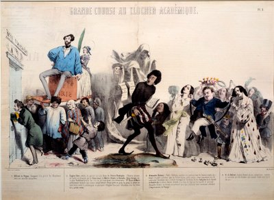 Great Race to the Academical Bell Tower. The Writers Alfred de Vigny, Eugene Sue, Alexandre Dumas, and Honore de Balzac are Recognized. Engraving by Gerard Grandville by Grandville