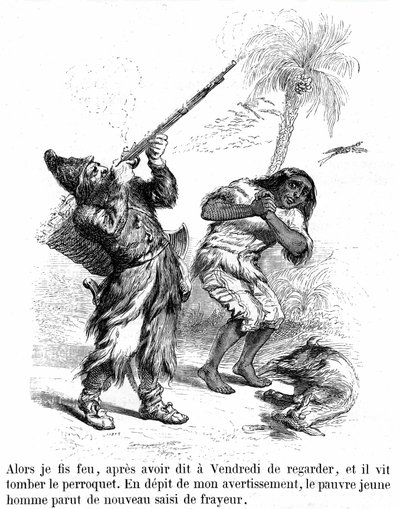 Illustration of the novel Robinson Crusoe by Daniel Defoe by Grandville - edition Garnier 1869. Robinson shoots with a rifle in front of frightened Friday by Grandville (1803 47)