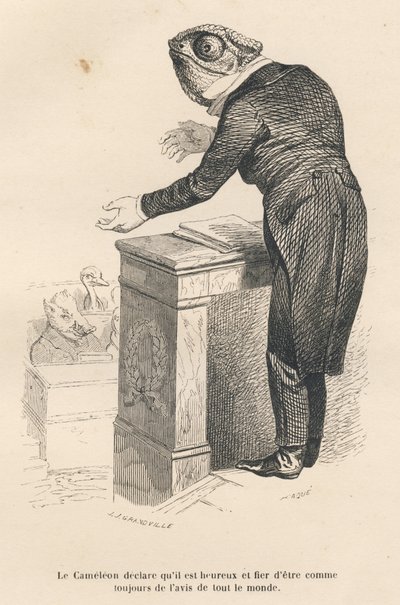 The Chameleon Declares He Is Happy and Proud to Always Agree with Everyone. Illustrated Vignettes by JJ Granville. Engraving Signed Caque in the Prologue 