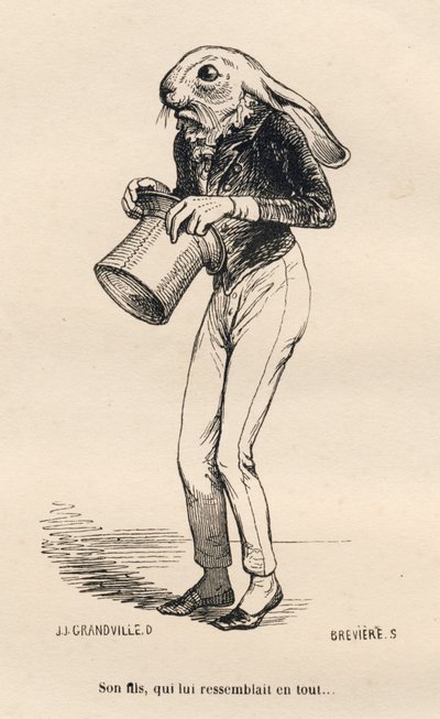 Fearful hare in dandy costume. Illustrated vignettes by JJ Granville. Engraving signed Breviere in the section "History of a Hare" written by PJ Stahl in "Scenes from the Private and Public Life of Animals". Paris, J. Hetzel and Paulin by Grandville
