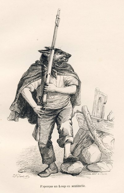 Wolf on Guard. Illustrated Vignettes by JJ Granville. Engraving Signed Andrew, Best and Leloir in the Section Titled 