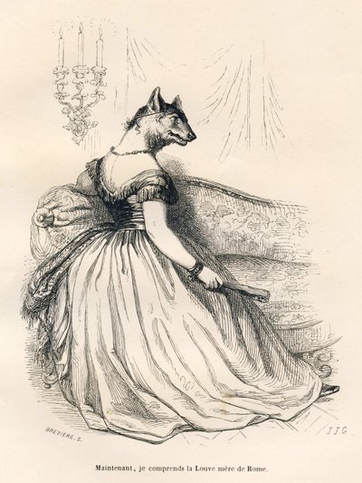 She-Wolf Sitting in an Armchair. Illustrated Vignettes by JJ Granville. Engraving Signed Breviere in the Section Entitled 