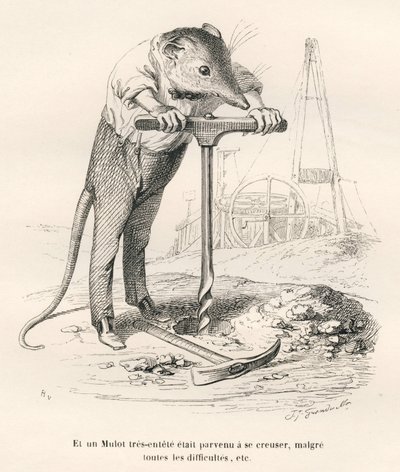 Mouse Perforating the Ground. Illustrated Vignettes by JJ Granville. Engraving Signed Breviere in the Section Titled 
