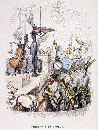 Musicians transformed into machines and giving a “Concert à la steam” - in “Un autre monde” by Grandville, late 19th century. by Grandville