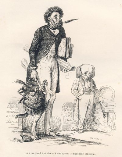 It was a great mistake to take away the classic muzzle from our poets. Illustrated vignettes by JJ Granville. Engraving signed Breviere in the section titled "The First Serial of Pistolet" written by Jules Janin in "Scenes from the Private and Public Life  by Grandville