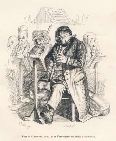 Orchestra with a Dog Playing the Flute with Chicks Coming Out of the Musical Instrument. Illustrated Vignettes by JJ Granville. Engraving Signed Caque in the Section 