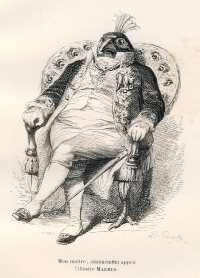 Peacock Sitting on His Armchair. Illustrated vignettes by JJ Granville. Engraving signed Porret in the section titled 