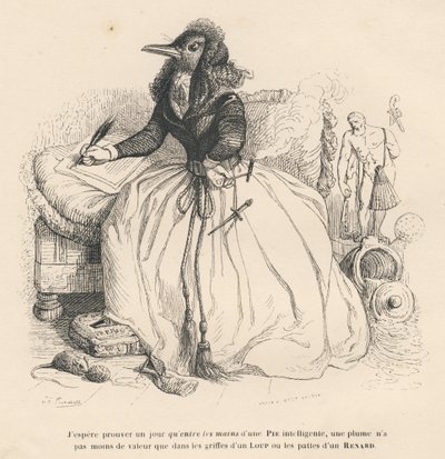 Magpie Writing with a Quill and Holding a Cigarette in a Cigarette Holder in the Other Hand. Illustrated Vignettes by JJ Granville. Engraving Signed by Andrew, Best, and Leloir in the Section 