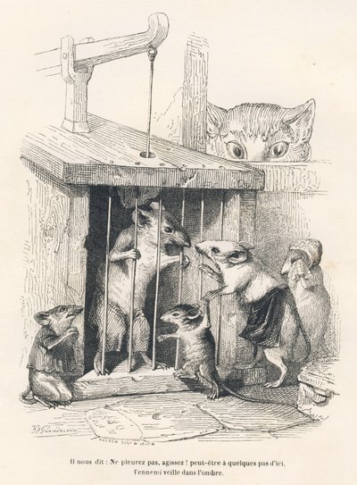 Trap: Cat Watching Mice Come to Mourn the One Who Was Imprisoned. Illustrated Vignettes by JJ Granville. Engraving signed Andrew, Best and Leloir in the section 