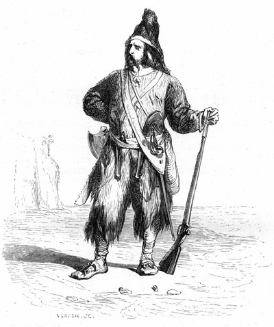 Portrait of Robinson Crusoe on his deserted island with his rifle and his assorted weapons at the belt - Grandville illustration of Daniel Defoe