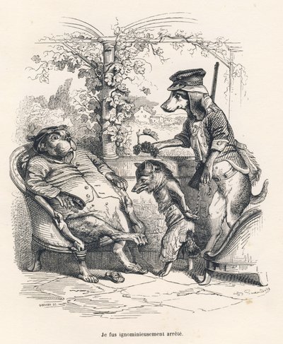 Fox Arrested by a Dog. Illustrated Vignettes by JJ Granville. Engraving Signed Godard in the Section 