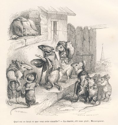 Mouse Giving Charity to a Pig. Illustrated vignettes by JJ Granville. Engraving signed Andrew, Best and Leloir in the section titled 