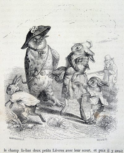 The Two Little Hares, Their Sister and the Owl by Grandville