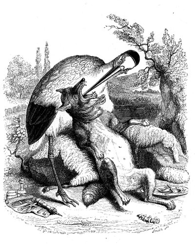 The Wolf and the Stork: La Fontaine Fable Illustrated by Grandville. Edition Garnier 1860. The Stork is Represented as a Doctor by Grandville (1803 47)