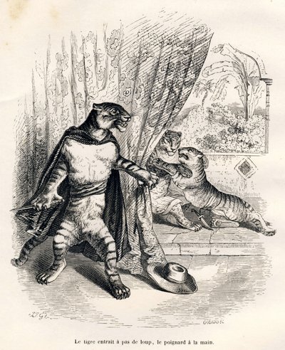 Tiger Entering the Scene with a Dagger in Hand. Illustrated Vignettes by JJ Granville. Engraving signed Godard in the section 