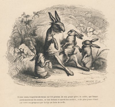 Three Rabbit Children Listening to Their Injured Grandfather Tell Stories. Illustrated Vignettes by JJ Granville. Engraving Signed Breviere in the Section 