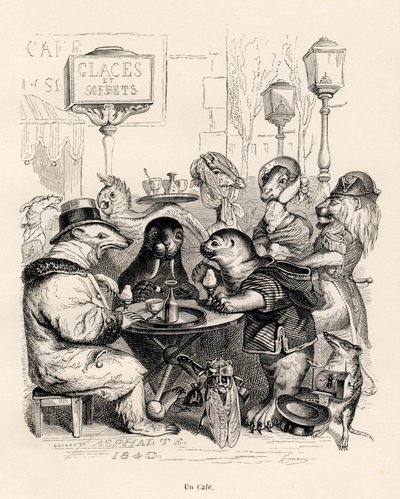 A Cafe Frequented by Animals of All Kinds. Illustrated Vignettes by JJ Granville. Engraving Signed Godard in the Section Titled 