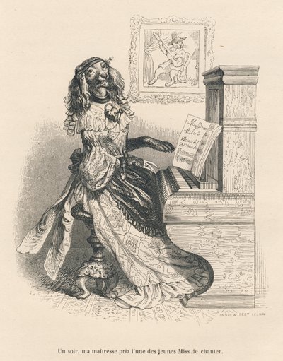 A dog singing at the piano. Illustrated vignettes by JJ Granville. Engraving signed Andrew, Best and Leloir in the section titled "The Court Pains of an English Cat" written by Honore de Balzac in "Scenes from the Private and Public Life of Animals". Paris by Grandville